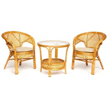 Террасный комплект PELANGI (стол со стеклом + 2 кресла), мед