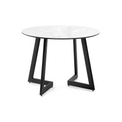 Стеклянный стол Алингсос 100(140)х100х76 белый / белая шагрень / черный кварц